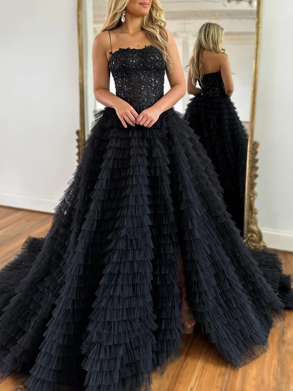 Ball Gown/Princess Sweetheart Tulle Court Train Prom Dresses With Appliques Lace #UKM020119963
