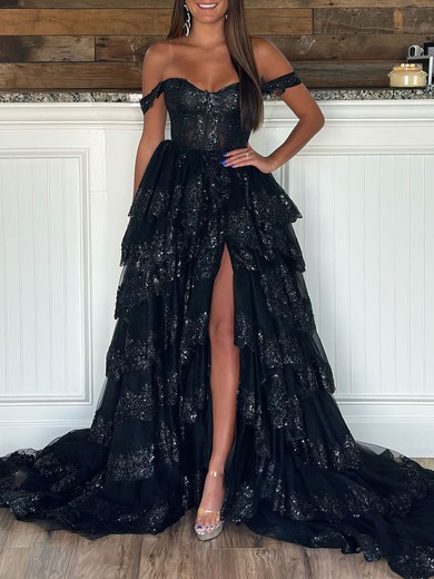 Ball Gown/Princess Off-the-shoulder Tulle Sweep Train Prom Dresses With Tiered #UKM020119976
