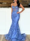 Trumpet/Mermaid Sweetheart Lace Tulle Sweep Train Prom Dresses With Appliques Lace #UKM020119977