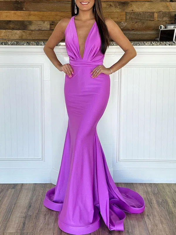 Trumpet/Mermaid V-neck Jersey Sweep Train Prom Dresses With Ruched #UKM020119981