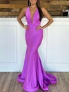 Trumpet/Mermaid V-neck Jersey Sweep Train Prom Dresses With Ruched #UKM020119981