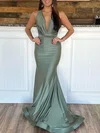 Trumpet/Mermaid V-neck Jersey Sweep Train Prom Dresses With Ruched #UKM020119983