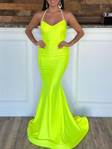 Trumpet/Mermaid Halter Jersey Sweep Train Prom Dresses With Ruched #UKM020119984