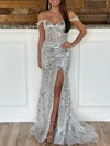 Trumpet/Mermaid Off-the-shoulder Tulle Glitter Sweep Train Prom Dresses With Appliques Lace #UKM020119987