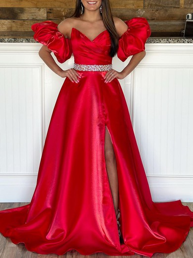 Ball Gown/Princess V-neck Satin Sweep Train Prom Dresses With Ruched #UKM020119988