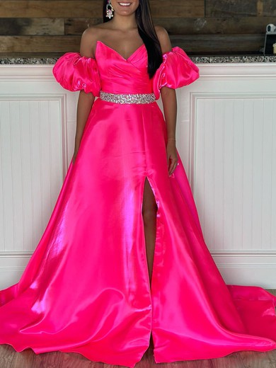 Ball Gown/Princess V-neck Satin Sweep Train Prom Dresses With Ruched #UKM020119991