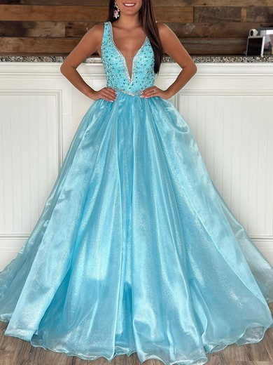 Ball Gown/Princess V-neck Organza Sweep Train Prom Dresses With Beading #UKM020119992