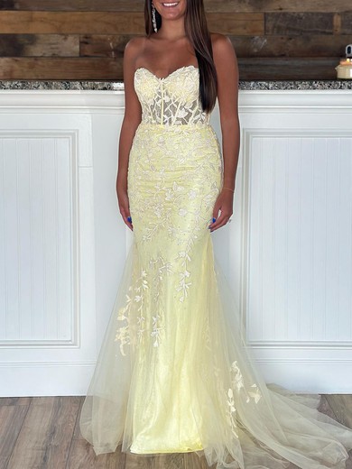 Trumpet/Mermaid Sweetheart Lace Tulle Sweep Train Prom Dresses With Appliques Lace #UKM020119993