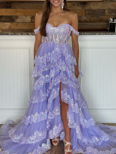 Ball Gown/Princess Off-the-shoulder Tulle Sweep Train Prom Dresses With Appliques Lace #UKM020119994