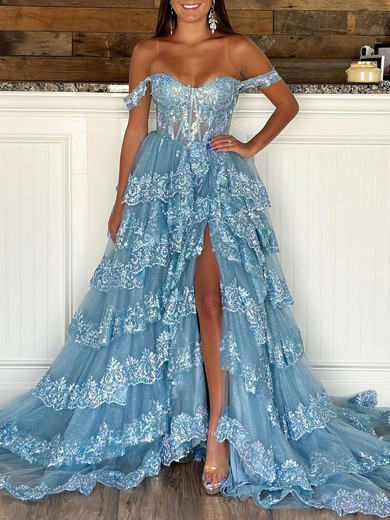 Ball Gown/Princess Off-the-shoulder Tulle Sweep Train Prom Dresses With Appliques Lace #UKM020120000