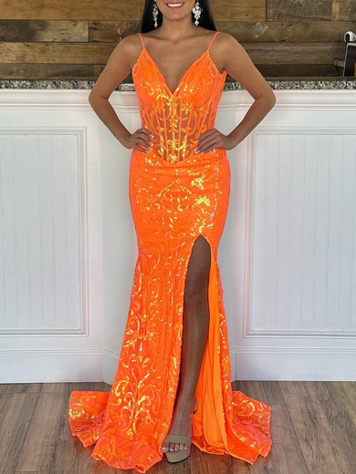 Trumpet/Mermaid V-neck Sequined Sweep Train Prom Dresses With Split Front #UKM020120002