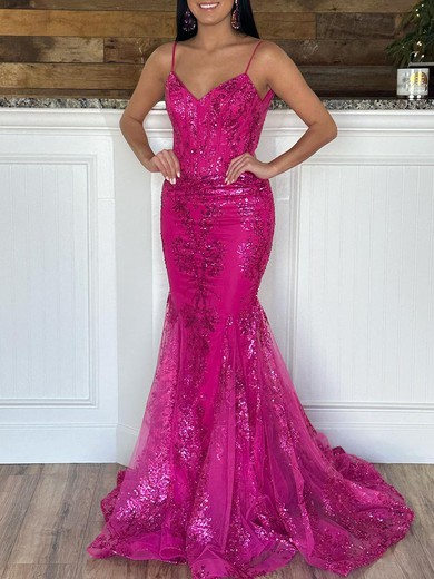 Trumpet/Mermaid V-neck Tulle Sequined Sweep Train Prom Dresses With Appliques Lace #UKM020120003
