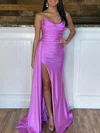 Sheath/Column Asymmetrical Neck Jersey Sweep Train Prom Dresses With Ruched #UKM020120005