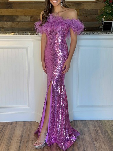 Trumpet/Mermaid Off-the-shoulder Sequined Sweep Train Prom Dresses With Feathers / Fur #UKM020120006