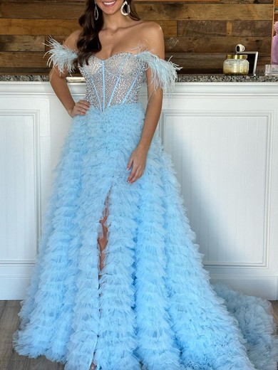 Ball Gown/Princess Off-the-shoulder Tulle Sweep Train Prom Dresses With Tiered #UKM020120008