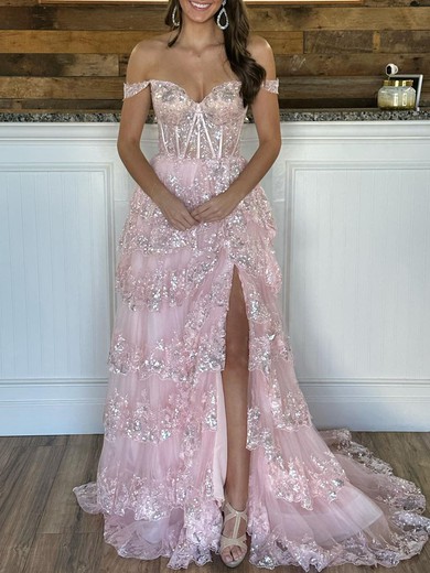 Ball Gown/Princess Off-the-shoulder Tulle Sweep Train Prom Dresses With Appliques Lace #UKM020120009
