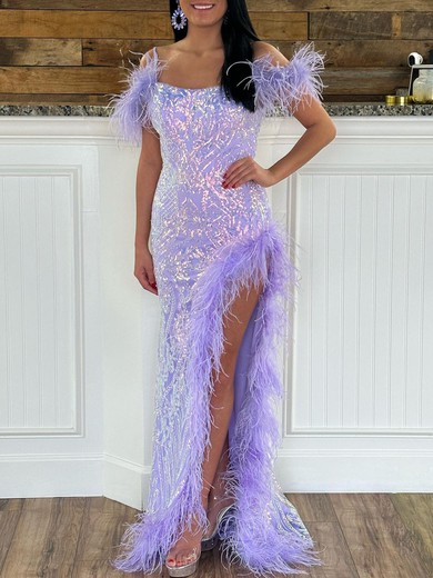 Trumpet/Mermaid Square Neckline Sequined Sweep Train Prom Dresses With Feathers / Fur #UKM020120012