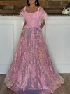 Ball Gown/Princess Square Neckline Sequined Sweep Train Prom Dresses With Appliques Lace #UKM020120014