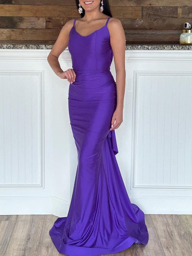 Trumpet/Mermaid V-neck Jersey Sweep Train Prom Dresses With Ruched #UKM020120015