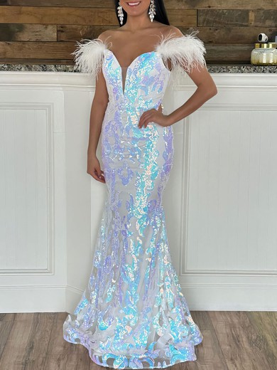 Trumpet/Mermaid Off-the-shoulder Sequined Floor-length Prom Dresses With Feathers / Fur #UKM020120016