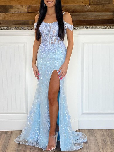 Trumpet/Mermaid Scoop Neck Lace Glitter Sweep Train Prom Dresses With Split Front #UKM020120019