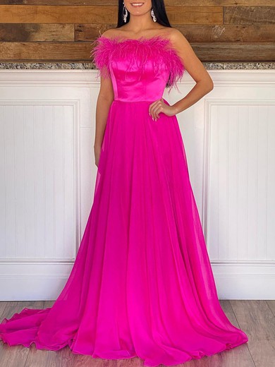 A-line Straight Chiffon Sweep Train Prom Dresses With Feathers / Fur #UKM020120020