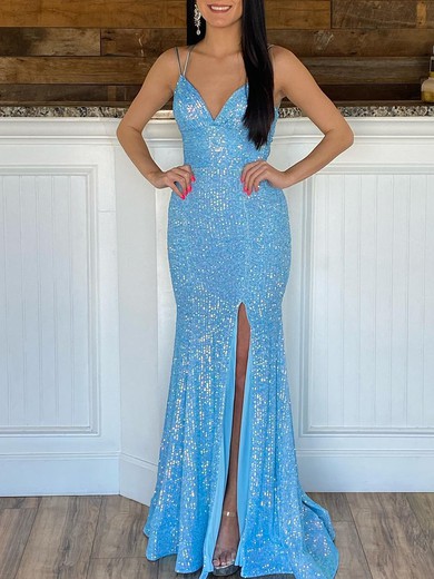 Trumpet/Mermaid V-neck Sequined Sweep Train Prom Dresses With Split Front #UKM020120023