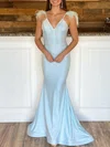 Trumpet/Mermaid V-neck Jersey Sweep Train Prom Dresses With Feathers / Fur #UKM020120025