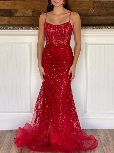 Trumpet/Mermaid Scoop Neck Tulle Glitter Sweep Train Prom Dresses With Beading #UKM020120030