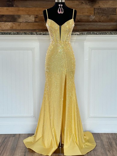 Trumpet/Mermaid V-neck Jersey Sweep Train Prom Dresses With Split Front #UKM020120031