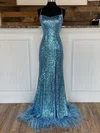 Trumpet/Mermaid Square Neckline Sequined Sweep Train Prom Dresses With Feathers / Fur #UKM020120036