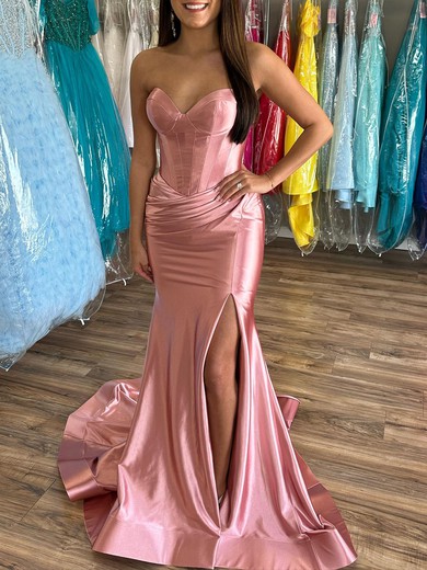 Trumpet/Mermaid Sweetheart Silk-like Satin Sweep Train Prom Dresses With Ruched #UKM020120043