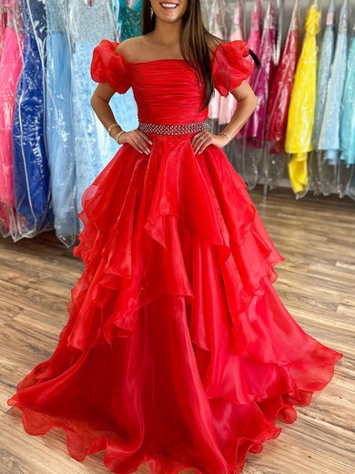 Ball Gown/Princess Off-the-shoulder Organza Sweep Train Prom Dresses With Ruffles #UKM020120045
