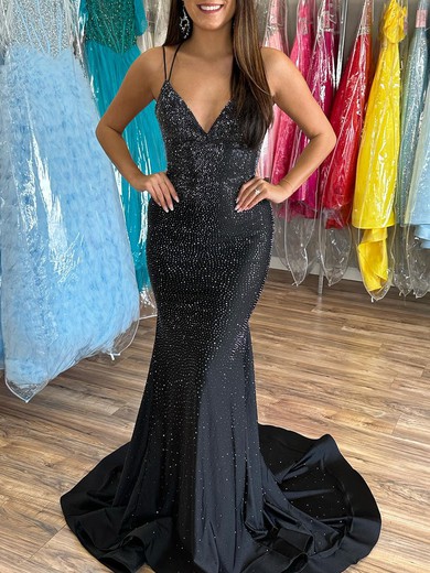 Trumpet/Mermaid V-neck Jersey Sweep Train Prom Dresses With Crystal Detailing #UKM020120048