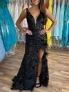 Trumpet/Mermaid V-neck Sequined Sweep Train Prom Dresses With Feathers / Fur #UKM020120050