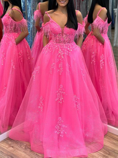 Ball Gown/Princess V-neck Glitter Sweep Train Prom Dresses With Pockets #UKM020120051
