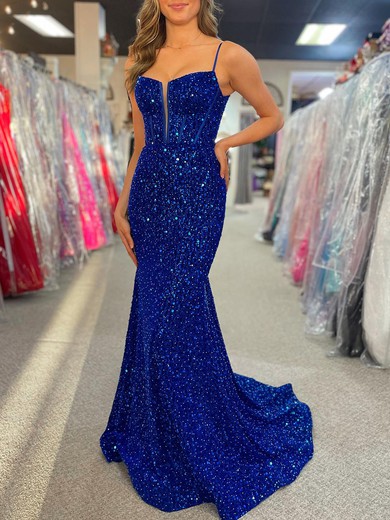 Trumpet/Mermaid V-neck Velvet Sequins Sweep Train Prom Dresses #UKM020120226