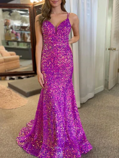 Mermaid V-neck Sparkly Velvet Sequin Prom Dresses #UKM020120263