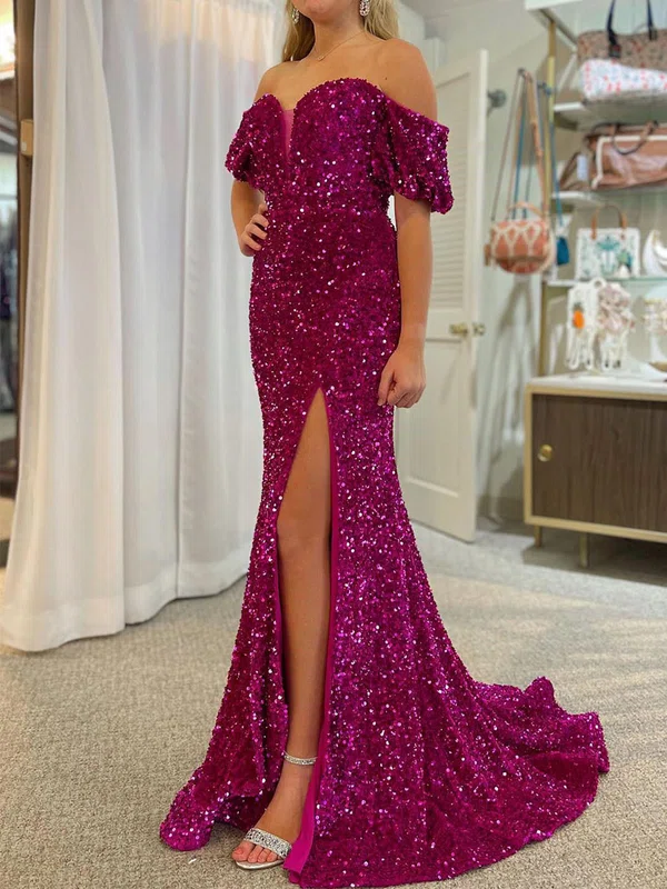 Mermaid Off-the-shoulder Sparkly Velvet Sequin Prom Dresses #UKM020120274