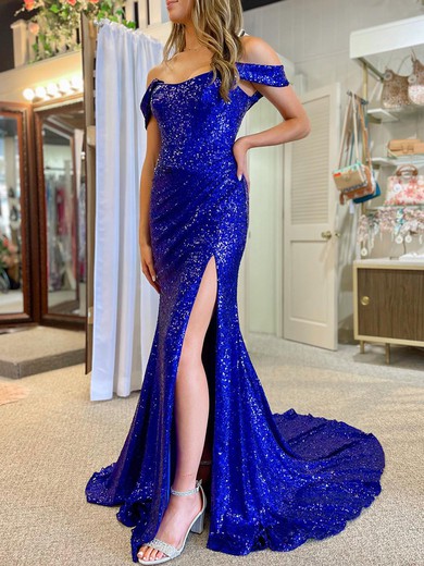 Trumpet/Mermaid Off-the-shoulder Sequined Sweep Train Prom Dresses With Ruched #UKM020120279