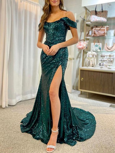 Trumpet/Mermaid Off-the-shoulder Sequined Sweep Train Prom Dresses With Ruched #UKM020120281