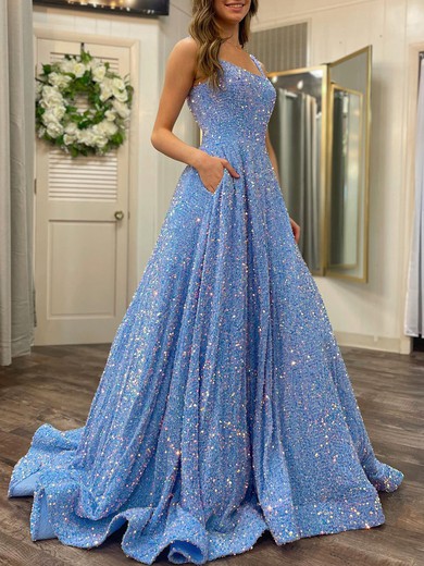 Ball Gown/Princess Square Neckline Velvet Sequins Sweep Train Prom Dresses With Pockets #UKM020120258