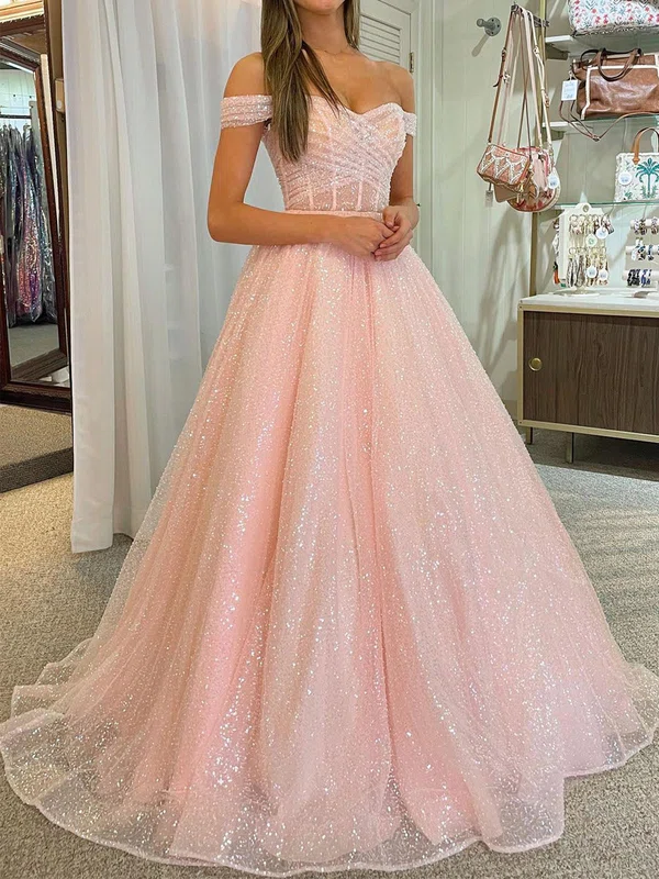 Ball Gown Off-the-shoulder Tulle Prom Dresses With Ruched #UKM020120269