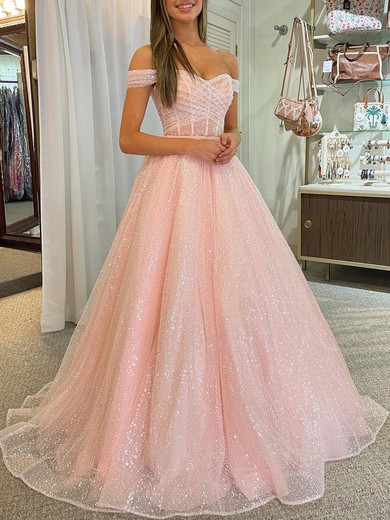 Ball Gown/Princess Off-the-shoulder Glitter Sweep Train Prom Dresses With Ruched #UKM020120269