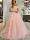 Ball Gown/Princess Off-the-shoulder Glitter Sweep Train Prom Dresses With Ruched #UKM020120269