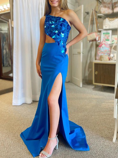 Trumpet/Mermaid One Shoulder Stretch Crepe Sweep Train Prom Dresses With Split Front #UKM020120277