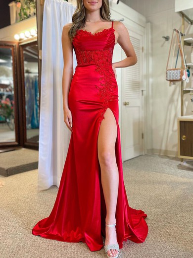 Trumpet/Mermaid V-neck Silk-like Satin Sweep Train Prom Dresses With Appliques Lace #UKM020120293
