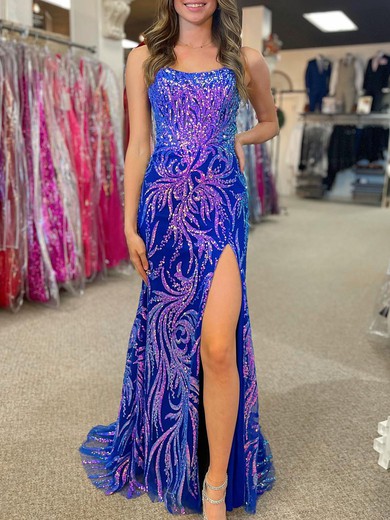 Trumpet/Mermaid Scoop Neck Sequined Sweep Train Prom Dresses With Split Front #UKM020120233