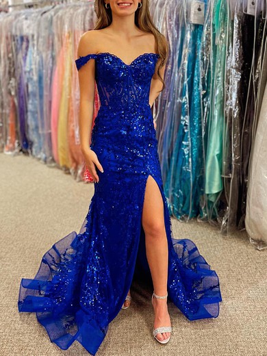 Trumpet/Mermaid Off-the-shoulder Sequined Sweep Train Prom Dresses With Appliques Lace #UKM020120229