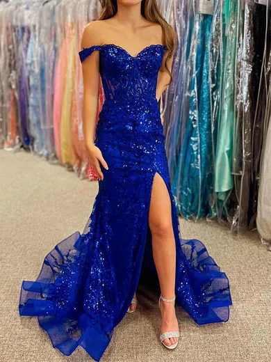 Mermaid Off-the-shoulder Sparkly Sequin Prom Dresses With Appliques #UKM020120229